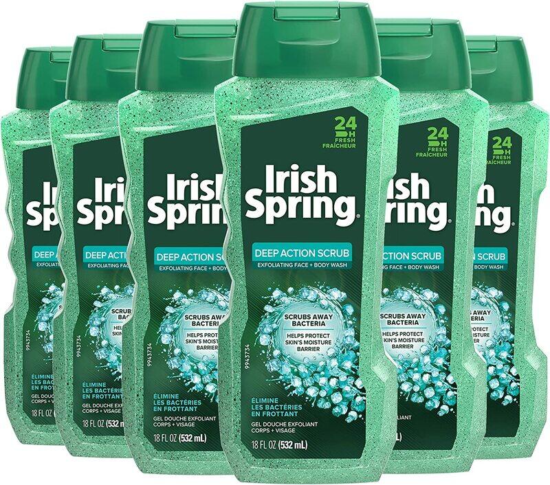 

Irish Spring Deep Action Scrub Exfoliating Men's Body Wash Shower Gel, 6 x 18 fo