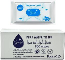 SmilePlus Pure Water Baby Wipes - Gentle Hypoallergenic Wipes for Sensitive Skin - Fragrance-Free & Alcohol-Free - 800 Count - Pack of 10
