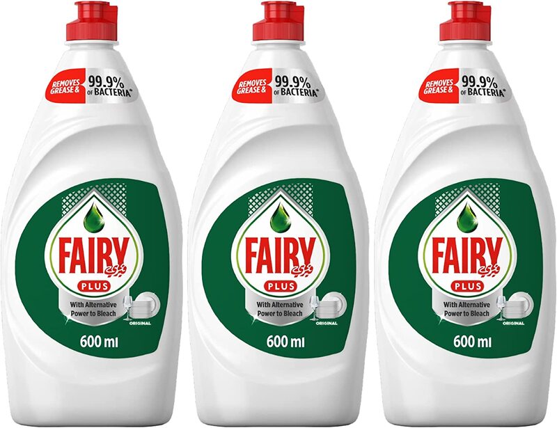 Fairy Plus Original Dishwashing Liquid Soap with Alternative Power to Bleach, 3 x 600 ml