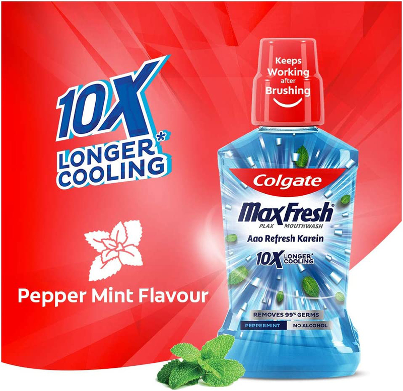 Colgate MaxFresh Plax Antibacterial Mouthwash Peppermint 24/7 Fresh Breath 10X longer cooling Fresh, 4 x 250ml