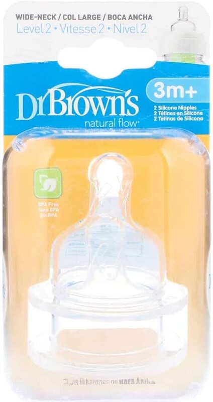Dr. Browns Natural Flow Level 2 Wide Neck Nipple, 2 Pieces, 3 Months+, Clear