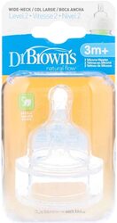 Dr. Browns Natural Flow Level 2 Wide Neck Nipple, 2 Pieces, 3 Months+, Clear