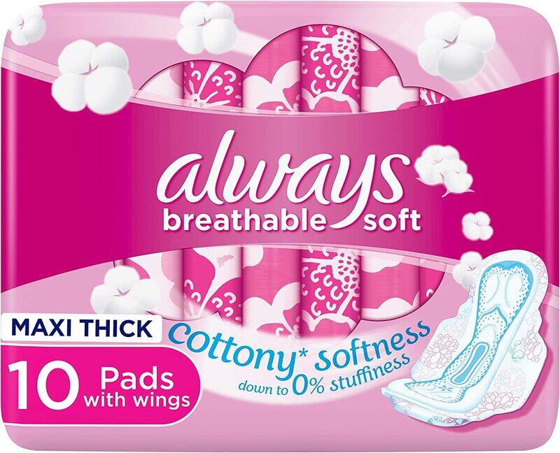 

Always Breathable Soft Maxi Thick Large Sanitary Pads with Wings, 10 Pads