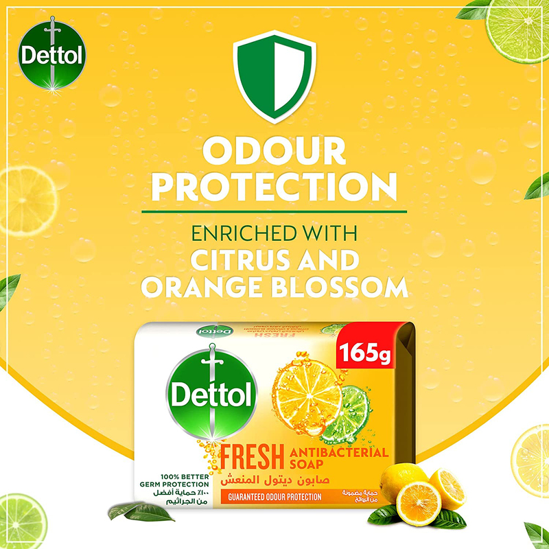 Dettol Citrus & Orange Blossom Fragrance Fresh Anti-Bacterial Bathing Soap Bar, 4 x 165g