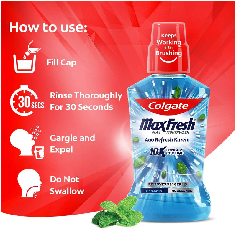 Colgate MaxFresh Plax Antibacterial Mouthwash Peppermint 24/7 Fresh Breath 10X longer cooling Fresh, 4 x 250ml