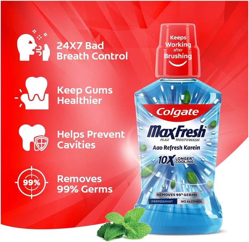 Colgate Max Fresh Peppermint Fresh Plax Antibacterial Mouthwash, 250ml, 4 Pieces