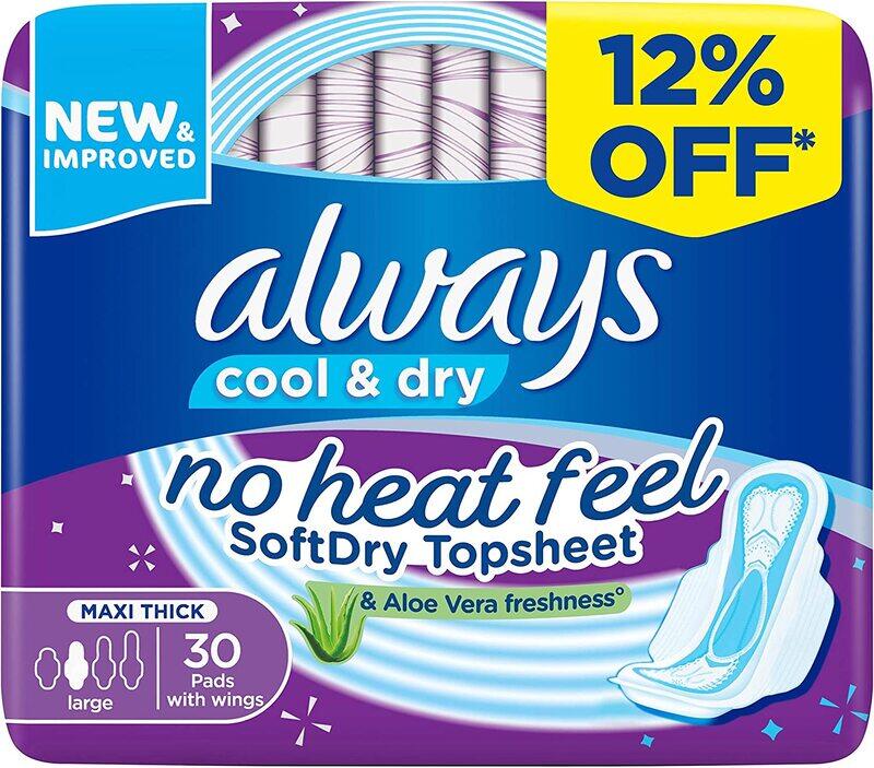 

Always No Heat Feel Cool & Dry Maxi Thick Large Sanitary Pads with Wings, 30 Pad