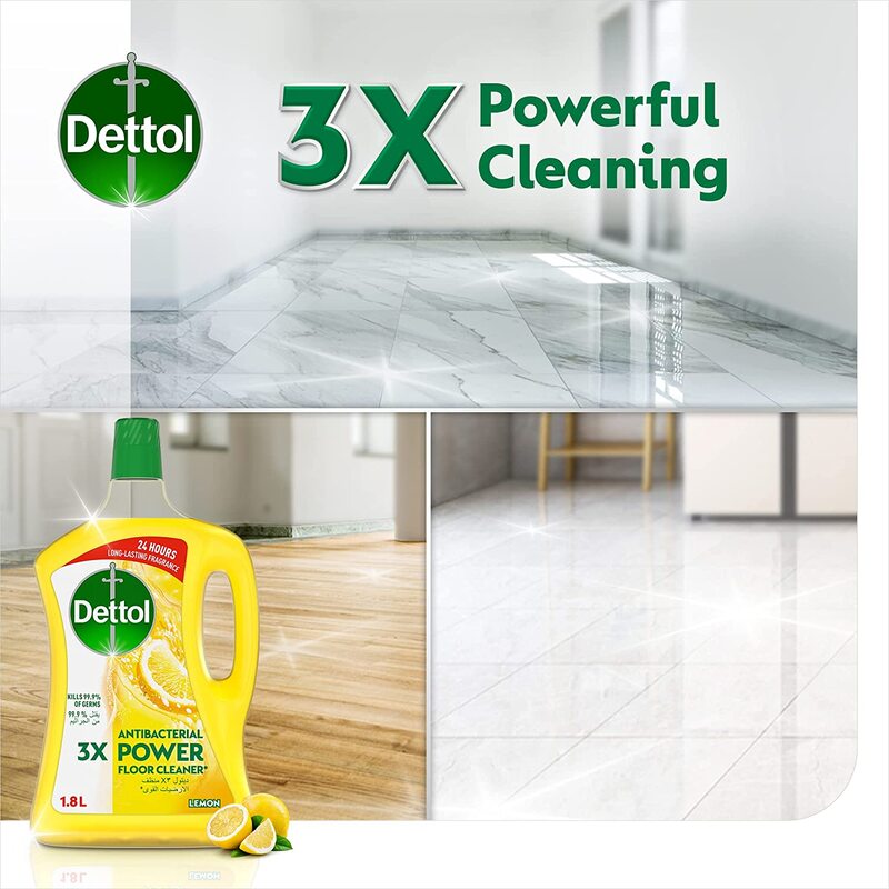 Dettol Lemon Anti-Bacterial Power Floor Cleaner with 3 Times Powerful Cleaning, 2 x 1.8 Liters