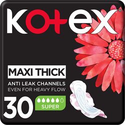 Kotex Maxi Pads Super Sanitary Pads with Wings, 30 Pieces