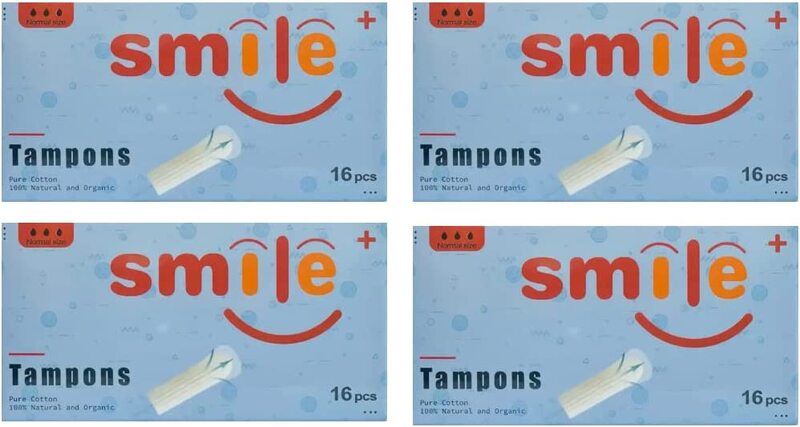 Smile Tampons 64pcs Pure Cotton 100% Natural and Organic Normal Size Pack of 4