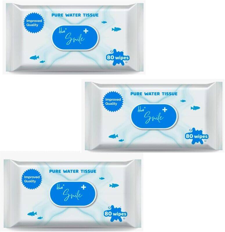 SmilePlus Pure Water-Wipes, 240 count, Cleanse, Moisturize, Refresh, Hypoallergenic and Unscented, Pack of 3