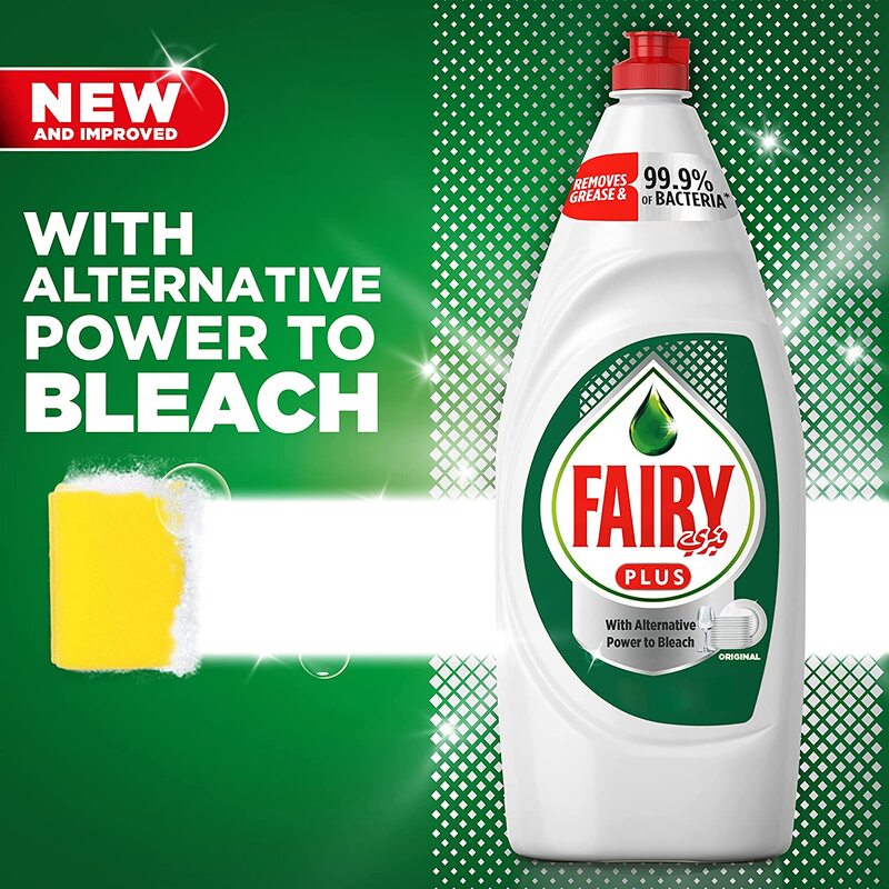 Fairy Plus Original Dishwashing Liquid Soap with Alternative Power to Bleach, 2 x 600ml