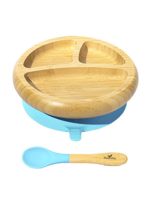 Avanchy Bamboo Suction Classic Plate + Spoon for Baby, Blue/Beige
