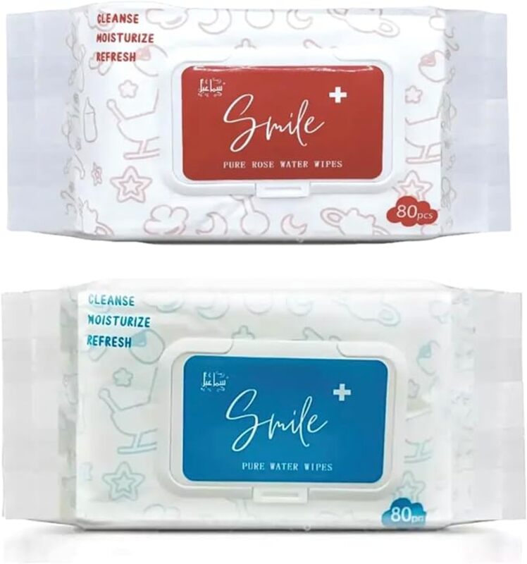 Smile Pure Rose and Water Wipes, 80's, Cleanse, Moisturize, Refresh, Hypoallergenic, Organic. both Adult and Childrent can use Pack of 2