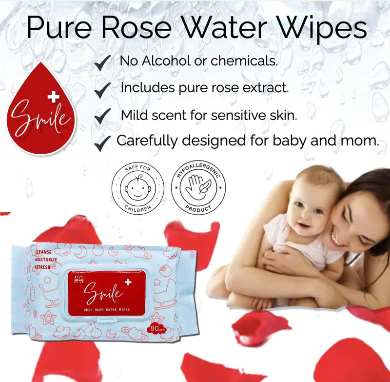 Smile+ 20-Piece Pure Rose Water Wipes, 200 Wipes