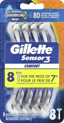 Gillette Sensor3 Comfort Disposable Razors for Men, 8 Pieces