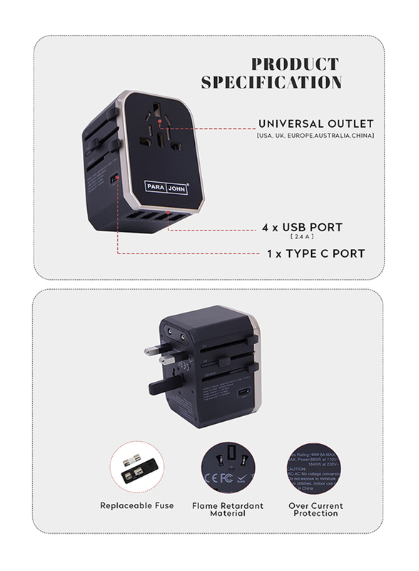 Para John Universal 4 USB Port Travel Adapter, Black