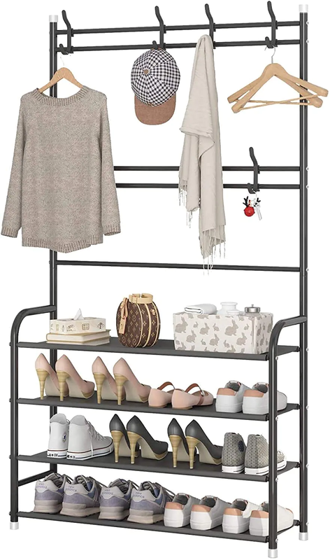 Generic Coat Rack Shoe Rack, Storage Shelf With 4-Tier Shoe Organize, Clothes Rack With 8 Hooks Hanging, Entryway Hall Trees Hanging And Storage