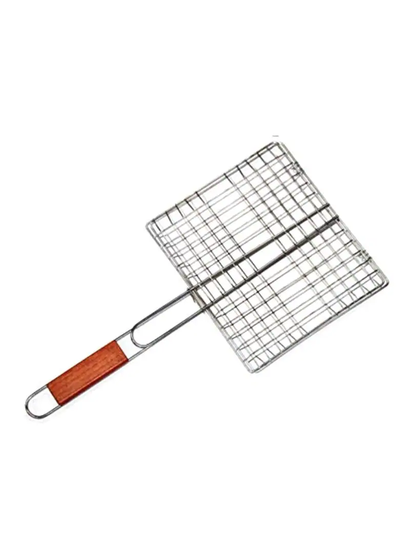 Generic BBQ Grill Basket With Wood Handle Silver 28x28centimeter