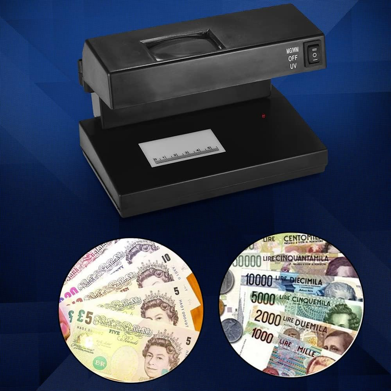 Portable Counterfeit Bill Detector Desktop Cash Currency Banknotes Notes Checker Machine Support Ultraviolet UV and Watermark Detection with Magnifier Money Tester