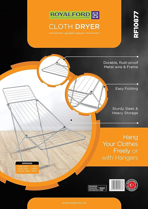 Royalford Cloth Dryer, Rust Proof, Iron Wire & Frame, Rf10877, Metal Drying Rack, Multifunctional Air Dryer Ideal For Indoor/Outdoor, Easy Store & Folding Clothes Dryer