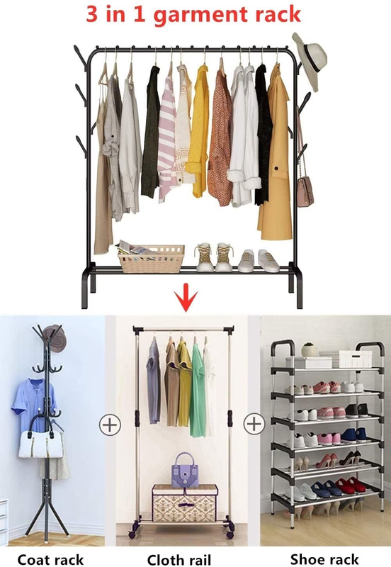 Garment Cloth Rack, Clothes Hanger Stand Clothes Dryer Rail With Branch Hook Large Bottom Storage Space For Shoes Clothes Jacket Umbrella Hats Scarf Handbags