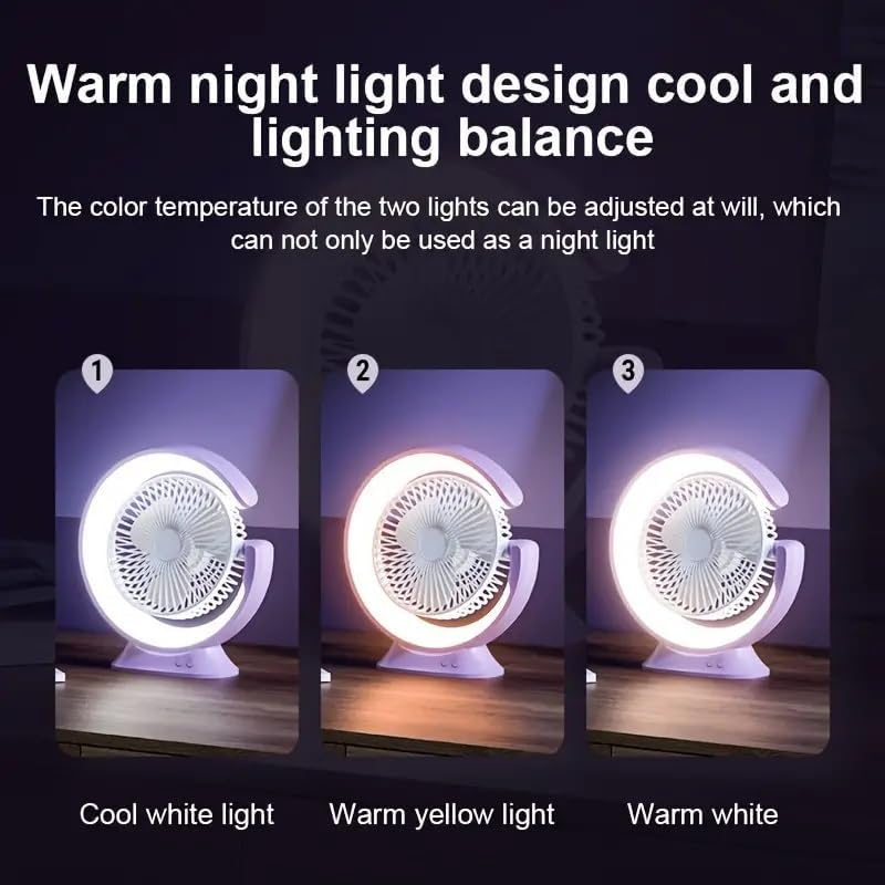 Cooling Mini Fan LED Lights Vertical 180° Horizontal 90° Rotation Silent Desk Fan Lamp Fan Desktop Personal Fan for Travel Table - White