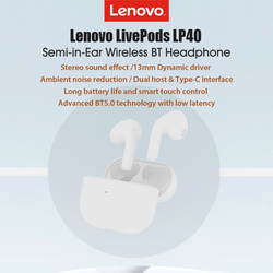Lenovo-White LivePods LP40 TWS Semi-in-ear Earphones BT 5.0 Headphones True Wireless Earbuds with Touch Control Hands-Free Call Stereo Sound Noise Canceling Waterproof Binaural Design Headsets with MI