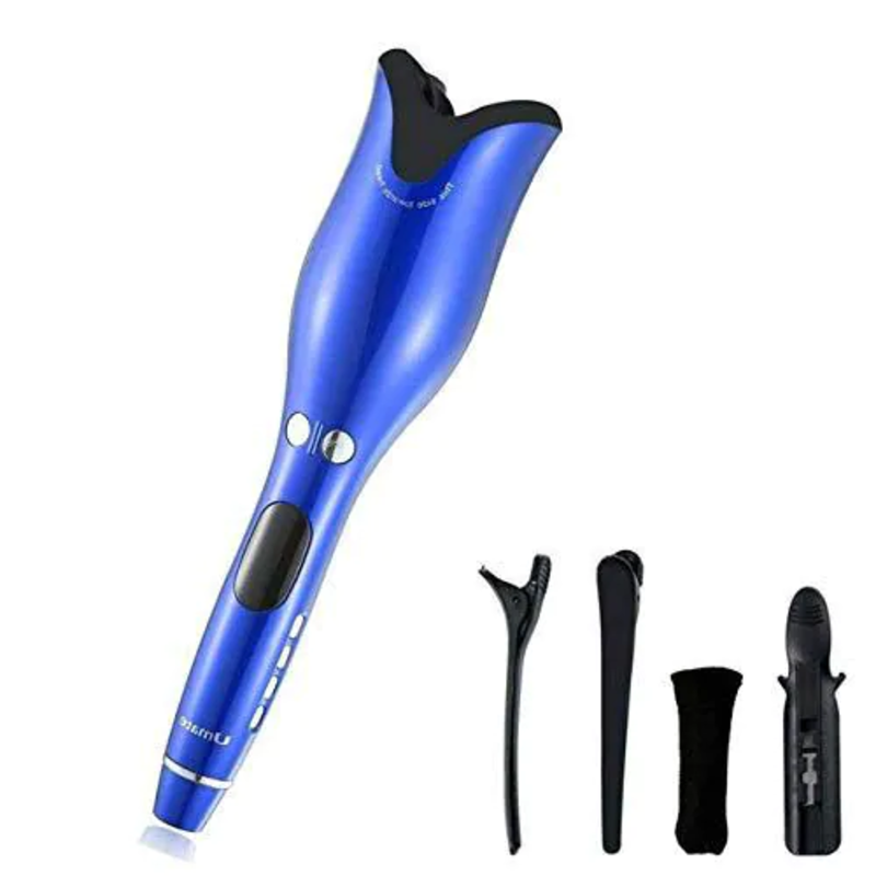 Generic Hair Curler, Air Spin Ceramic Rotating Curler, Electric Hair Comb Hair Curler Styling Comb, Lcd Digital Display - Blue