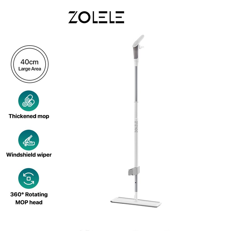 Zolele ZE003 Water Spray Mop, Easy To Use, Hand Free Spray Mop With 360 Degrees Rotating Head, Water Mist Fan Spray And Soft Rubber Scraper - White