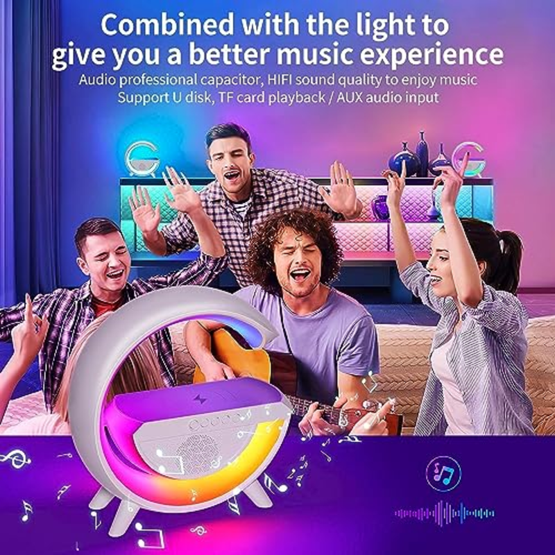 5-In-1 Night Lights with Wireless Charger & Bluetooth Speaker, 15W Qi Fast Charging RGB Table Lamp, Built-in Microphone, Support FM Radio/TF/Aux for Bedroom, Bedside, Room Decor, Gift, Party