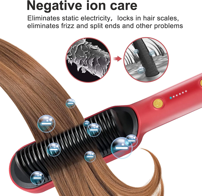 2 in 1 Hair Straightener Brush, Ionic Hair Straightener And Curler 2 In 1, Anti-Scald Fast Heating Auto-Off Safe Straightening Comb For Women (Red)