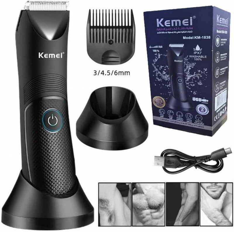 KEMEI New Professional Body Hair Trimmer KM-1838 for men and women, Waterproof, charge for 1.5 hours use for 90 mins with LED Light