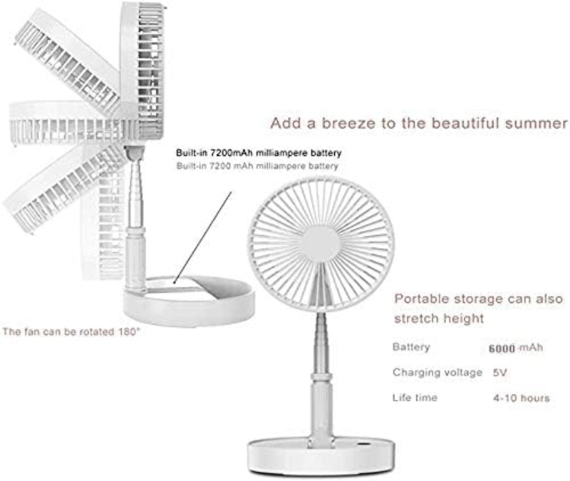 USB Portable Rechargeable Folding Pedestal Stand Fan Desk Travel Standing Fan with Folding, Adjustable Height and USB Rechargeable Battery (7200mAh, White)