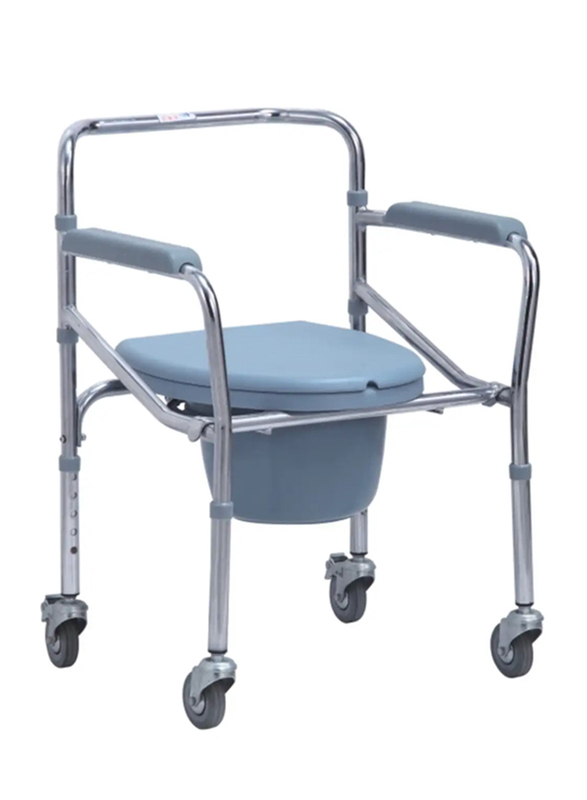 Chair Commode with Wheels, Silver/Blue