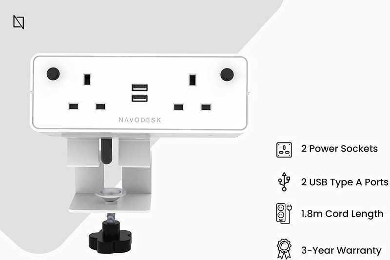 Navodesk 2 Way Power Extension Strip with USB Charging Ports and 1.8m Cord, White