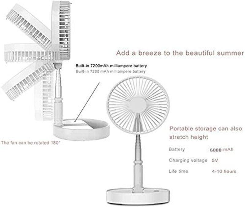 USB Rechargeable Folding Pedestal Stand Fan (7200mAh, White)