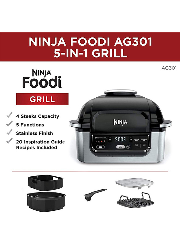 Nutri Ninja Foodi 5 in 1 Indoor Electric Grill with 4 Quart Air Fryer, 1760W, AG 301, Silver