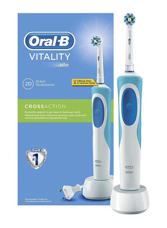 Oral B Vitality Crossaction Rechargeable Electric Toothbrush with Dock, White/Blue