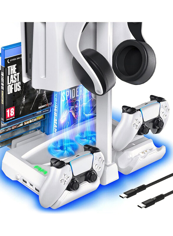 

AMJ Suction Cooling Fan Stand with Dual Controller Charger Station & Games Storage for PlayStation PS5, IV-P5249, White
