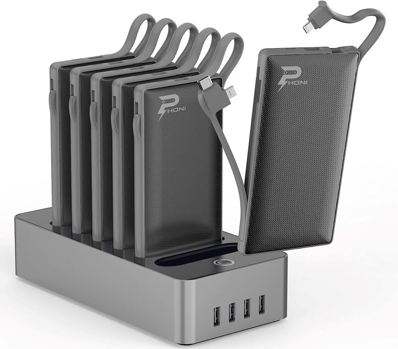 

Phoni 6 in 1 Power Bank Station 10,000 mAh with Built-in Cable to Charge Multiple Devices - Black