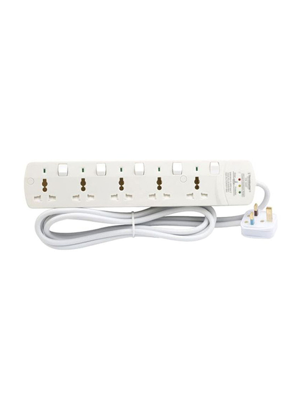 Terminator 5 Way Surge Protection Universal Power Extension Socket with Individual Switches & Indicators, 3 Meter Cable, White
