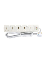 Terminator 5 Way Surge Protection Universal Power Extension Socket with Individual Switches & Indicators, 3 Meter Cable, White