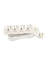 Terminator 4 Way Power Extension Socket, 3 Meter Cable, White/Red/Green