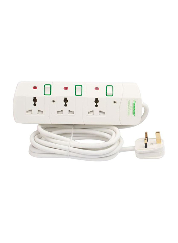 Terminator 3 Way Power Extension Socket, 5 Meter Cable, White/Red/Green