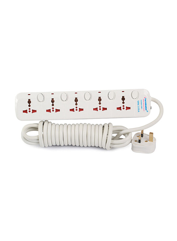 

Terminator 5 Way Universal Power Extension Socket, 3 Meter Cable, White