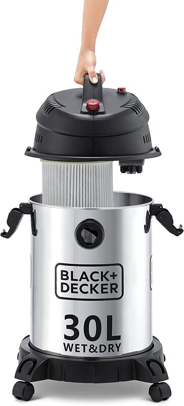 Black+Decker Wet & Dry Drum Vacuum Cleaner, 30L, 1610W, WV1450-B5, Black/Silver