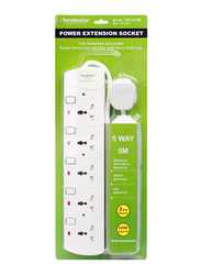 Terminator 5 Way Universal Power Extension Socket, 5 Meter Cable, White