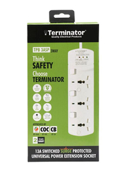 Terminator 3 Way Surge Protection Universal Power Extension Socket with Individual Switches & Indicators, 3 Meter Cable, White