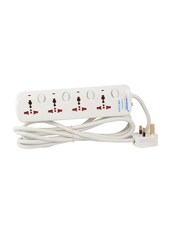 Terminator 4 Way Universal Power Extension Socket, 3 Meter Cable, White